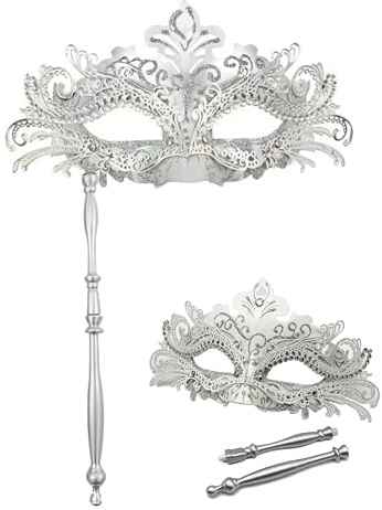 MZinge Maskerade Maske für Frauen mit Stab Metall glänzend Strass venezianische Maske Abschlussball Karneval & Halloween Party