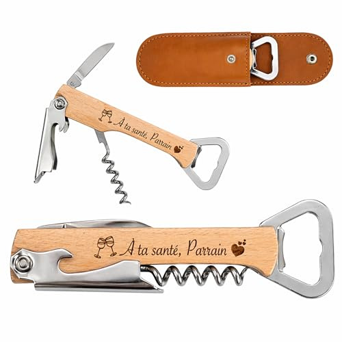 Tire Bouchon Personnalisé Parrain, Cadeau Parrain Original, Ouvre Bouteille Gravé « À ta santé Parrain », Couteau Sommelier Bois avec Étui Cuir