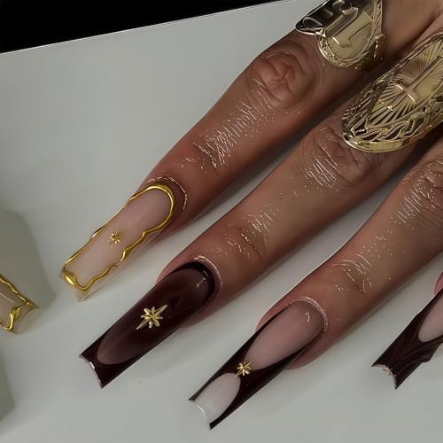 Goiern Ongles Postiches Carrés Extra Longs Marron À La Française avec Pendentifs Dorés XL en Acrylique À Presser Et Coller pour Femme 24
