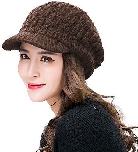 Comhats 50% Wolle Winter Schirmmütze Damen Strickmütze mit Schirm Warme Beanie Skimütze Outdoor Kaffeebraun