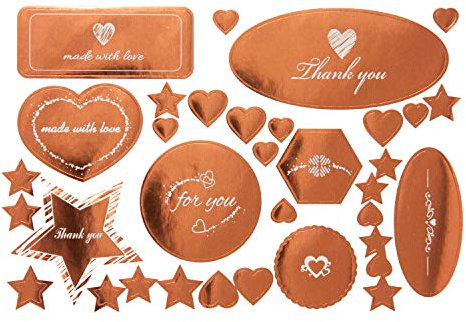 Oblique Unique® 34 Sticker Aufkleber Herzen Sterne - Thank You - for You - Made with Love - zum Danke Sagen als Gastgeschenk Geschenk-Deko für Weihnachten Hochzeit UVM. Roségold