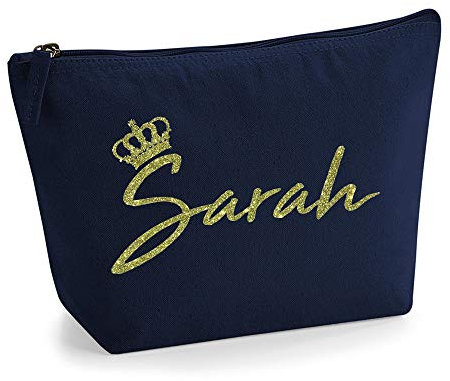 Personalisiert Name Initialen & Königin Krone Kosmetiktasche Damen Schminktasche für Handtasche Makeup Tasche - Glitter oder Flocke Material Druck - Gold Glitter - L - Marine Blau