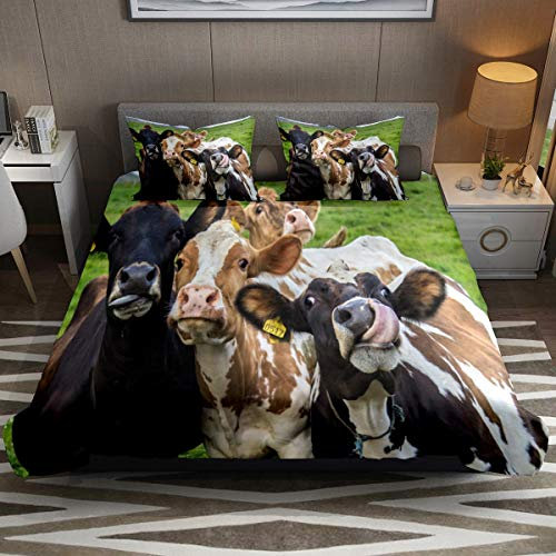 Bettwäsche-Set für Einzelbett, 3-teilig, drei niedliche Kuh-Bettwäsche mit Kissenbezügen, Raumdekoration für Jungen, Mädchen, Teenager, Erwachsene