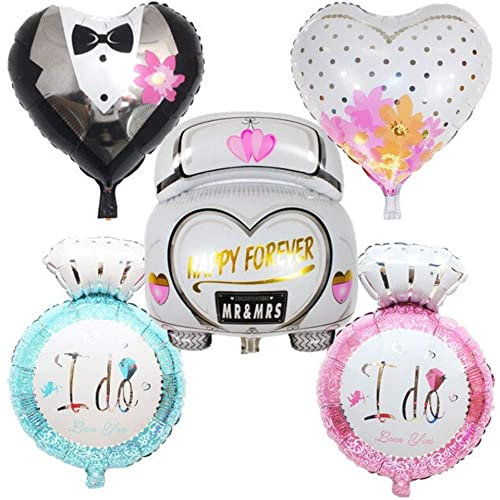 DIWULI Hochzeit Luftballons 5 Stk Ballon-Set, Auto Luftballon + 2x Herz-Ballon + 2x Ring-Ballon, Herzluftballon, Herzfolienballon, Folien-Luftballon Herzform, Folien-Ballons, Dekoration, Wedding Liebe