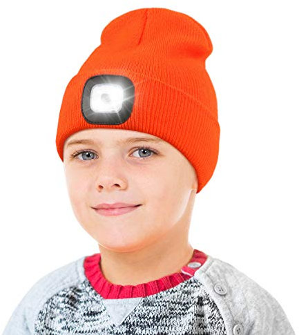 Rechargeable LED Lighted Hat, 4 LED head torch hat, Unisex Warm Knitted Winter Hats for Hiking, Biking, Camping, Christmas Tech Geek Gifts for Boys Girls Kids Orange