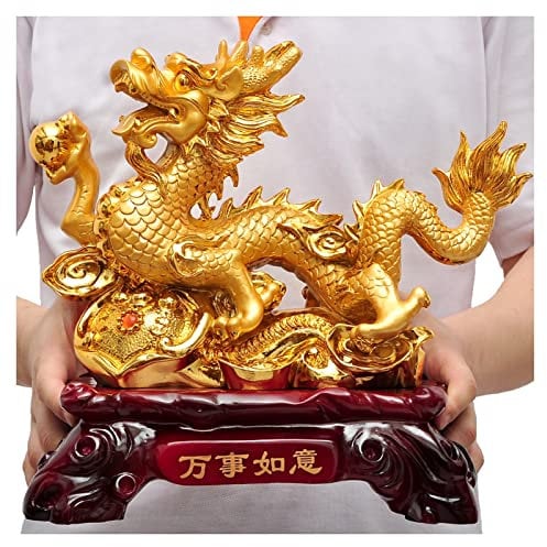 Uziqueif Feng Shui Geld Glück Glücklicher Vermögen Reichtum Chinesische Drache Statue Münze Home Büro Dekoration Tischtischornamente Gute Glücksgeschenke, Harz,Gold,33 * 17 * 31cm