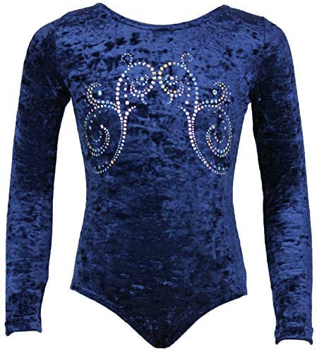 Mädchen Langarm Gymnastikanzug aus Stretch Velvet blickdichter Kinder Turnanzug mit Rundhals Samt & Hexagon-Pailletten Turnbody Gymnastiktrikot Turntrikot (Dunkelblau, 116)