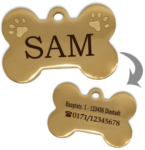 Iberiagifts - Hundemarke Knochen mit Gravur aus Edelstahl mit zwei Pfotenfür sehr kleine Welpen - Hunde - Katzen Haustier Plakette Anhänger Halsband Medaillon graviert personalisiert, Gold 2