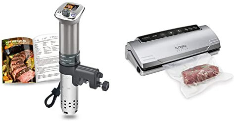 Sous-Vide Garer Ultra-leise Tauchzirkulator: Farbige LCD-Rezepte | G320 Pro Silver Machine, Bürstenloser Gleichstrommotor | 1100 Watt | IPX7 KitchenBoss & CASO VC10 Vakuumierer - Vakuumiergerät