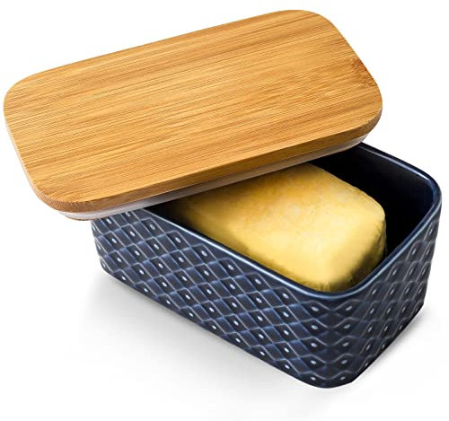 Hasense Ceramic Butter Dish with Bamboo Lid, Large Butter Container for Countertop Airtight Butter Stick Covered Keeper,Navy Blue Embossed Pattern,Easy Clean Dishwasher Safe
