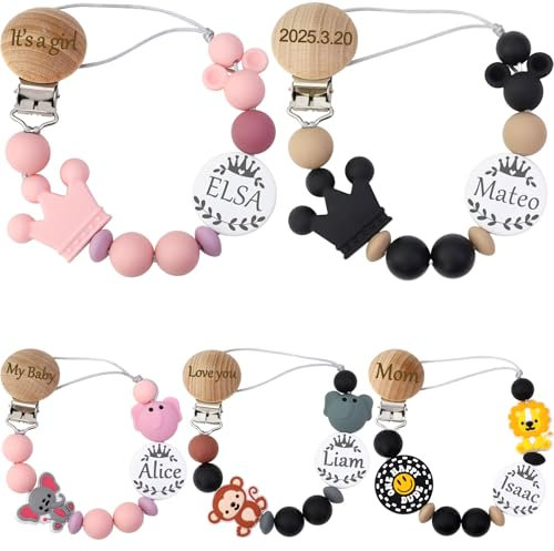 Clip per ciuccio personalizzata con nome, porta paci in tessuto di cotone personalizzato con nome, regalo neonato personalizzato per baby di compleanno di Natale (Nero)