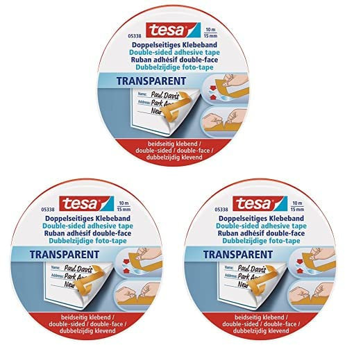tesa doppelseitiges Klebeband, perfekt für Fotos und Papier, 10m x 15mm, in hochwertiger Metalldose, 3er Pack