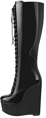Only maker Damen Keilstiefel Plateau Stiefel Knee High Boots Schnürstiefel Lack Schwarz 40 EU