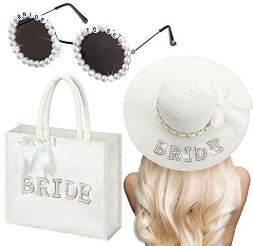 Chunful Lot de 3 Sacs fourre-Tout en Toile de Jute avec poignées et Chapeau de Soleil, Blanc