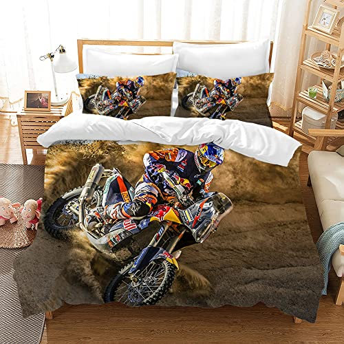Motocross Bettwäsche,3D Motorrad-Bettbezug mit 2 Kissenbezug,100% Mikrofaser,Extremsport-Thema Blau Bettwäsche für Kinder Jungen Männer (Braun, 135x200cm)