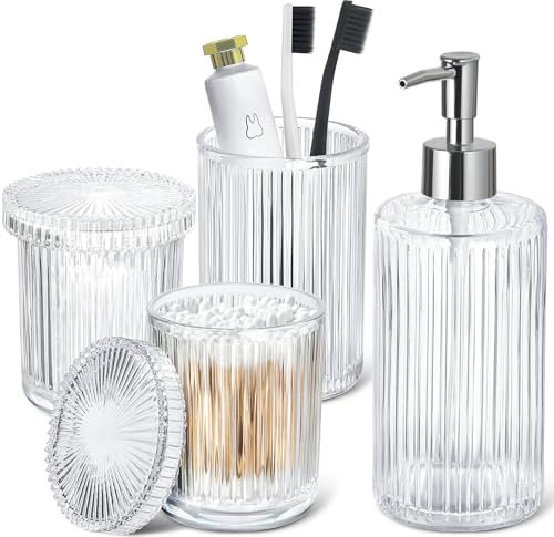 Bathroom Accessories Set, 4 Pack Clear Glass Bath Accessory Sets Complete, Ribbed Soap Dispenser and Toothbrush Holder Set with 2 Qtip Holders, Modern Sliver Bathroom Counter Decor and Essentials
