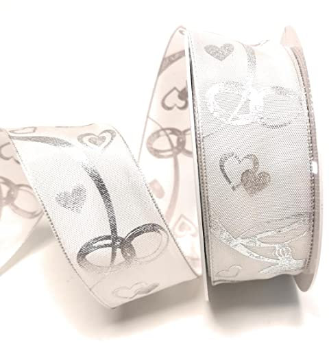 s.dekoda Schleifenband 20m x 40mm Weiß - Silber Hochzeitsband Ringe Herzen Dekoband [3889]