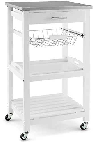 GORELAX Wooden White Small Kitchen Trolley Cart with Wheels, 4 Tier Rolling Cart with Drawer, Utility Coffee Cart, Kitchen Island Cart w/Stainless Steel Tabletop for Dining Room