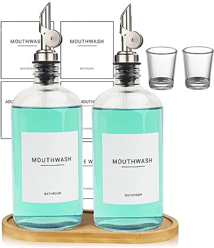Ezebesta 480ml/16.23 Oz Glass Mouthwash Dispenser-Clear Glass Bottle with Pour Spout,Reusable Cup,Bamboo Tray,Refillable Boston Round Bottles-2Pack