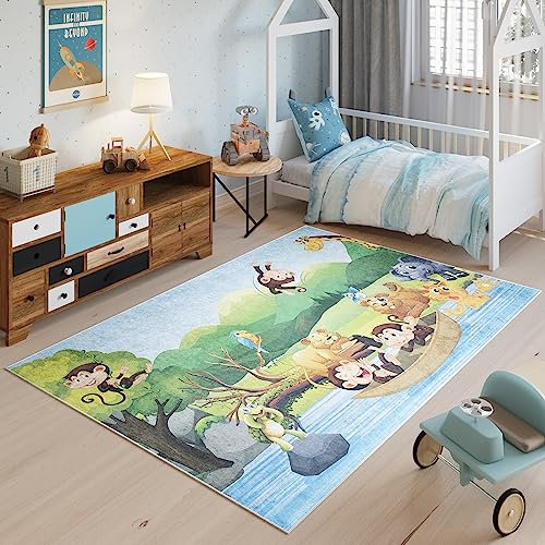 TAPISO Emma Teppich Waschbar bei 30 Grad Bunt Zoo Safari Tiere bedruckter Kinderteppich Antirutsch Kinderzimmer Jugendzimmer Modern ÖKO-TEX 160 x 230 cm
