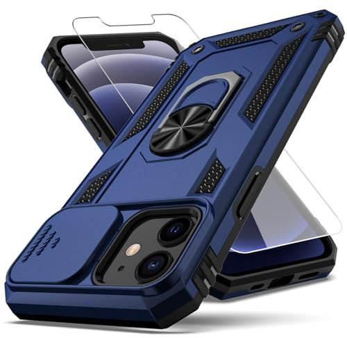 YZOK for iPhone 12 Case,with Camera Lens Cover HD Screen Protector,[Military Grade] Ring Car Mount Kickstand Hybrid Hard PC Soft TPU Shockproof Protective Case for iPhone 12, Blue