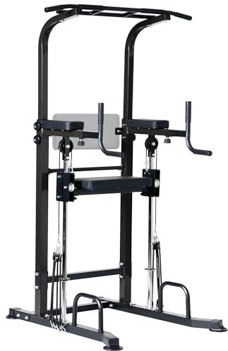 DlandHome Chaise Romaine Musculation Advanced Barre de Traction sur Pied Dips Station Traction Tower de Musculation avec Accoudoirs & Dossier pour Entraînement de Force Multifonction pour la Maison