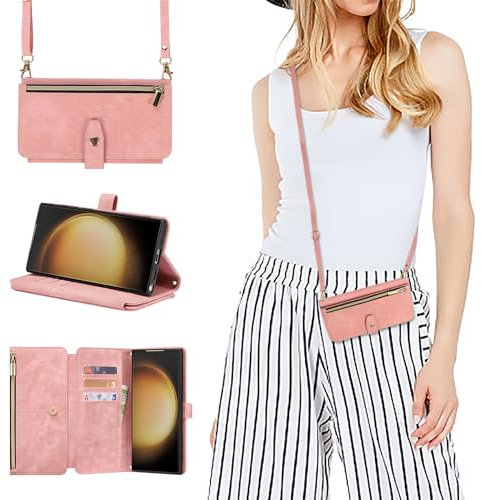 ZCDAYE Hülle für Samsung Galaxy S24 Ultra mit Band Handykette, Leder Samsung S24 Ultra Handyhülle Handytasche mit Kartenfächern Frauen Brieftasche Klapphülle Tasche Samsung S24 Ultra,Roségold