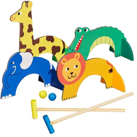 Relaxdays Krocket Kinder, 2 Spieler, Komplettset mit Schläger, Bällen & Toren, Tier-Design, Croquet Set Holz, bunt