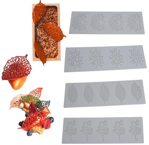 INHEMING 4pcs Foglie Forma Torta Stampo in Silicone,Tappetino in Pizzo di Silicone, stampo in silicone a foglia di cioccolato per Fondente,Cioccolato,Zucchero