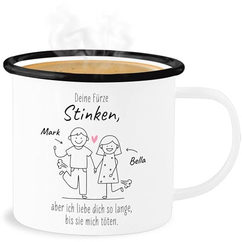 Emaille Becher Blechbecher - Valentinstag Partner Freund & Freundin - Deine Fürze Stinken - 300 ml - Weiß Schwarz - tasse püpse liebeserklärung furz blechtasse für pupser tassen paar pups blech