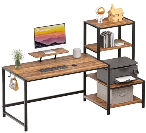 GreenForest Computer Desk 67 inch with Printer Shelf, Reversible Office Desk with Monitor Stand and 2 Hooks, Home Desk Workstation for Study Writing Working Gaming, Brown