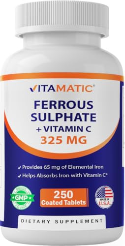 Vitamatic Ferrous Sulfate 325 mg with Vitamin C 100 mg (65 mg Elemental Iron) Coated Tablets – High Potency Iron Supplement – No Artificial Colors – Made in USA