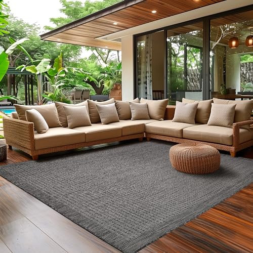 Outdoor Teppich Wetterfest Terrasse Balkon Garten Küchenteppich Einfarbiges Design Flachgewebe Sisal Look Waschbarer Teppich, Größe: 160 x 230 cm, Farbe: Schwarz