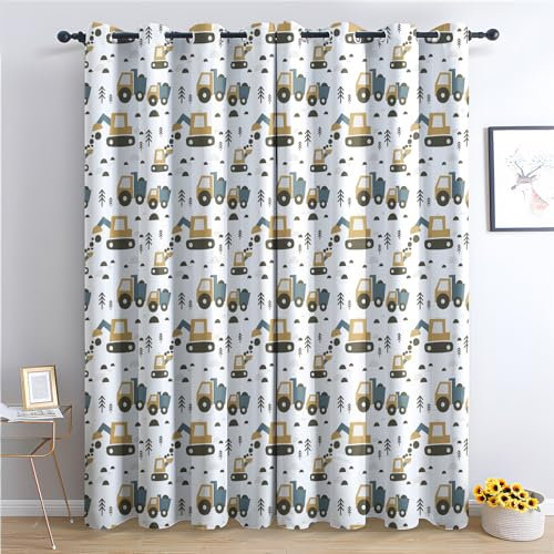 Bagger Kinder Vorhänge, Verdunklungsvorhänge mit Muster Baufahrzeuge Cartoon, Vorhang Blickdicht mit Ösen, Gardinen für Wohnzimmer Schlafzimmer Kinderzimmer Deko 2er Set - 137x117 (H X B) (GN-&234)