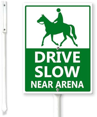 Horienteeon Schild mit Pfählen Drive Slow Near Arena, 11,5 x 15 cm, stabiles Aluminiumschild, rostfrei, Warnschild, Warnschild, Bauernhofschild, einfache Montage, Innen- und Außendekoration