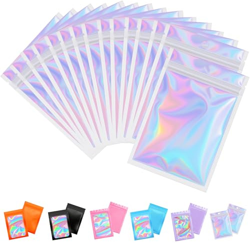 100pcs Holographic Bags 8x13cm, Foil Smell Proof Resealable Sweet Pouches, Small Plastic Bags for Lipgloss, Jewelry, Eyelash, Food Storage, Gift Grip Foil Ziplock Bags