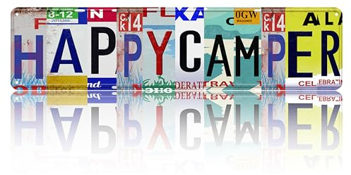 Vintage Road Blechschild Happy Camper Retro Metall Straßenschild 40,6 x 10,2 cm | Stilvolle Wandkunst-Dekoration, Zuhause, Badezimmer, Küche, Zaun, Gothic-Wanddekoration, cooles Geschenk