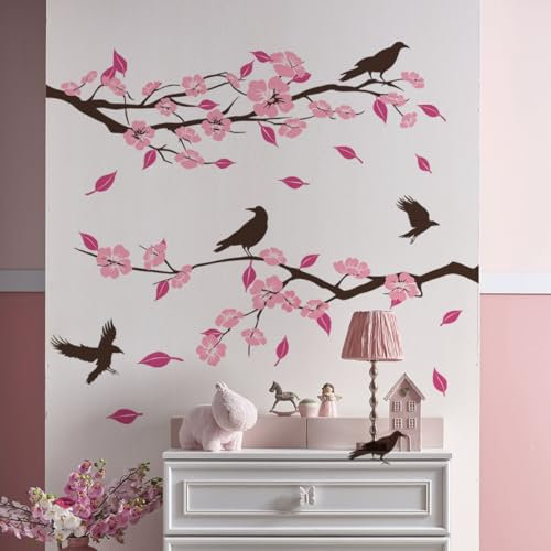 Stickers Muraux Branche de Fleur Autocollant Mural Fleurs Rose Arbre et Oiseaux Décoration Murale Chambre Salon Chambre Enfants Fenetre Mur TV