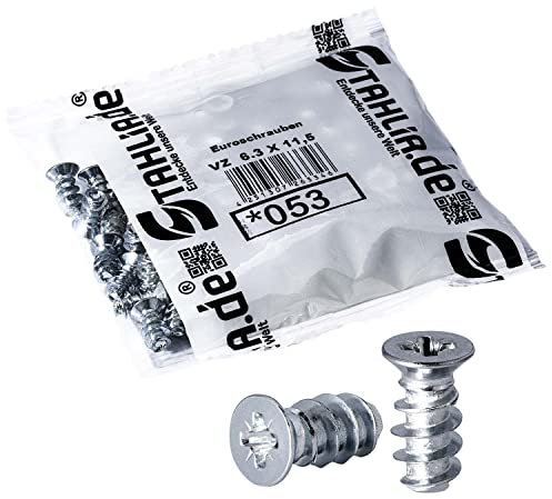 Stahlia 50 tornillos europeos, 6,3 x 11,5 mm, cabeza avellanada para muebles de 5 mm de diámetro, tornillos para rieles de cajones, tornillos especiales, tornillos para armarios, muebles y bisagras