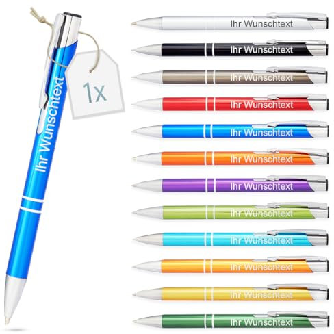 Kugelschreiber mit Gravur | personalisierter Stift mit Wunschtext | blaue Mine | Werbegeschenk & Werbeartikel | personalisierte Kulis für Hochzeit, Büro & Schule (Blau, 1Stück)