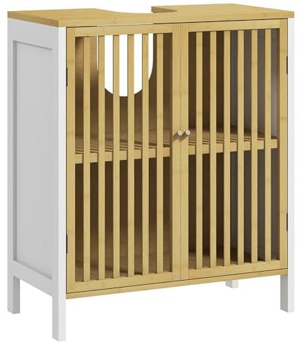 HOMCOM Under Sink Bathroom Cabinet, Bamboo Sink Storage Cabinet, Bathroom Vanity Unit with 2 Slat Doors, Adjustable Shelf and U-Shape Slot for Pipe Fit, Natural and White