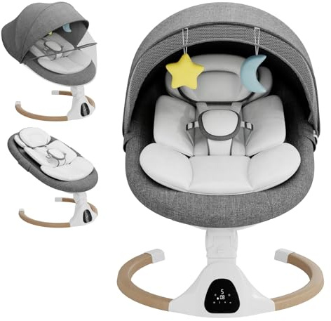 Babywippe Elektrisch, 0–6 Monate, max. 9 kg, Tragbares Neugeborenes Babyschaukel Indoor mit Bluetooth, 5 Schwenkgeschwindigkeiten, 3 Winkellage, Fernbedienung & Touch Panel Grau