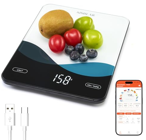 AIMILAR Bluetooth Smart Kitchen Scale 10kg/22lb - Nutrition Food Scale with App Calorie & Macro Tracker, 19+ Nutrients Analysis, USB-C Rechargeable, Tempered Glass, LED Display