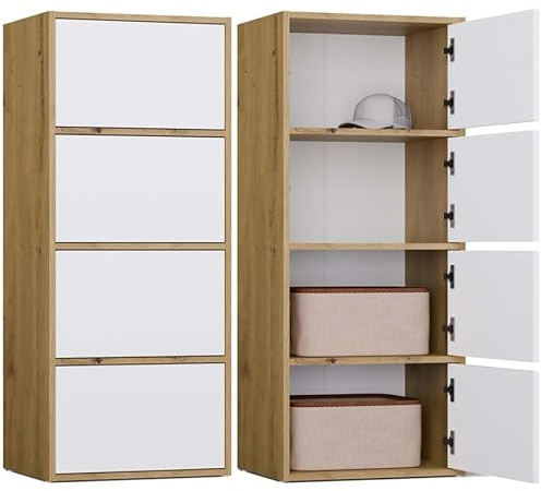 BDW Moderne Kommode ALMA mit 4 Türen, 50 x 119 x 40 cm, Kinderzimmer, Wohnzimmer, Flur, Tip-ON-System - Artisan Eiche/Weiß