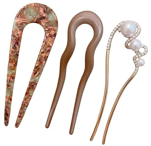 3 PCS French Twist Hair Pins for Women, U-Shaped Magic Hair Grips for Secure Updos, Buns & Twists Hairstyles, Elegant Acetate Matte Metal Hair Forks, Ideal for Girl Wedding Party Daily Hair Styling