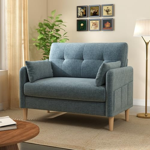 Urhanherry Sofa 2 Sitzer, Couch mit Abnehmbaren Sofabezügen, Modernes Sofa mit Kissen und Seitentasche, geeignet für Büro, Wohnzimmer, Schlafzimmer, Einfache Montage, 120x76.5x95.5 cm, Blau