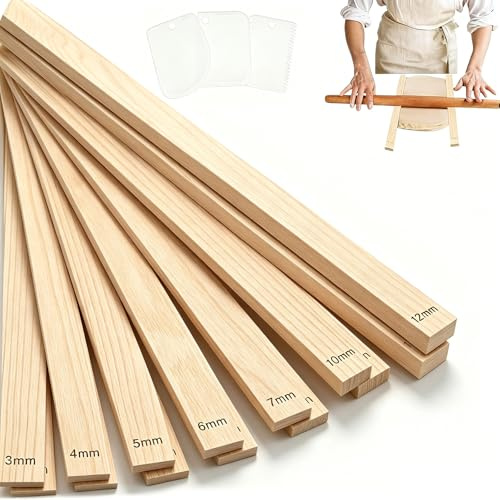 Rolling Pin Thickness Guides Set Wooden Pottery Rolling Pin Guides | Wooden rolling guide sticks for polymer clay, pottery and dough thickness control, with dough scraper, 3/4/5/6/7/10/12mm