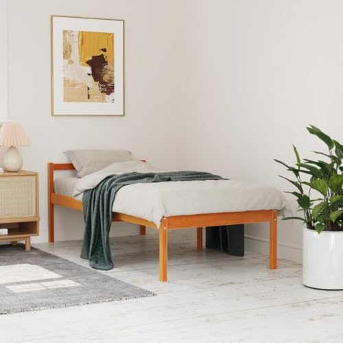 pokgdf Massivholz Seniorenbett Kiefer 90x200 cm wachsbraun mit 44 cm Höhe, robuste Latten und Stauraum, Komfortables Kopfteil