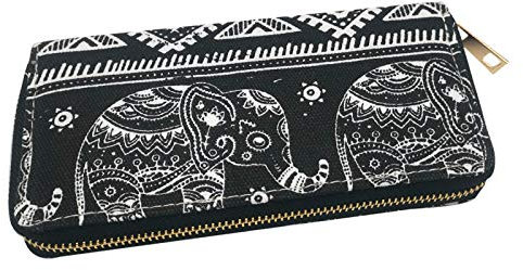 Elephant Wallet, Bohemian Purse Clutch Wallets Canvas Coin Purse with Zipper Large Elephant Purse Multi-Compartment Wallet for Cash Coins Card Cellphone (20 * 10 * 3cm)