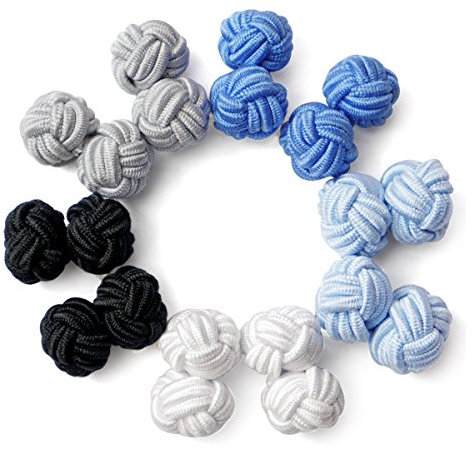 HONEY BEAR 5 Paar Herren/Damen Seide Stoff Knoten Seidenknoten Manschettenknöpfe Set (Blau Schwarz Grau ohne Box)
